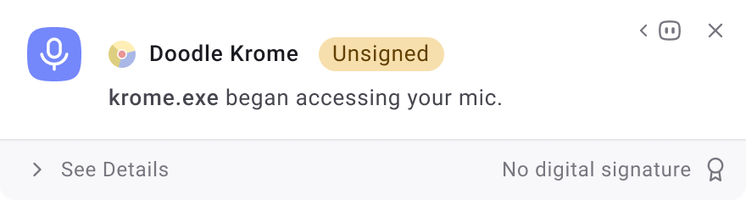 AppControl temporary desktop alert revealing that an unsigned application began accessing the user PC microphone