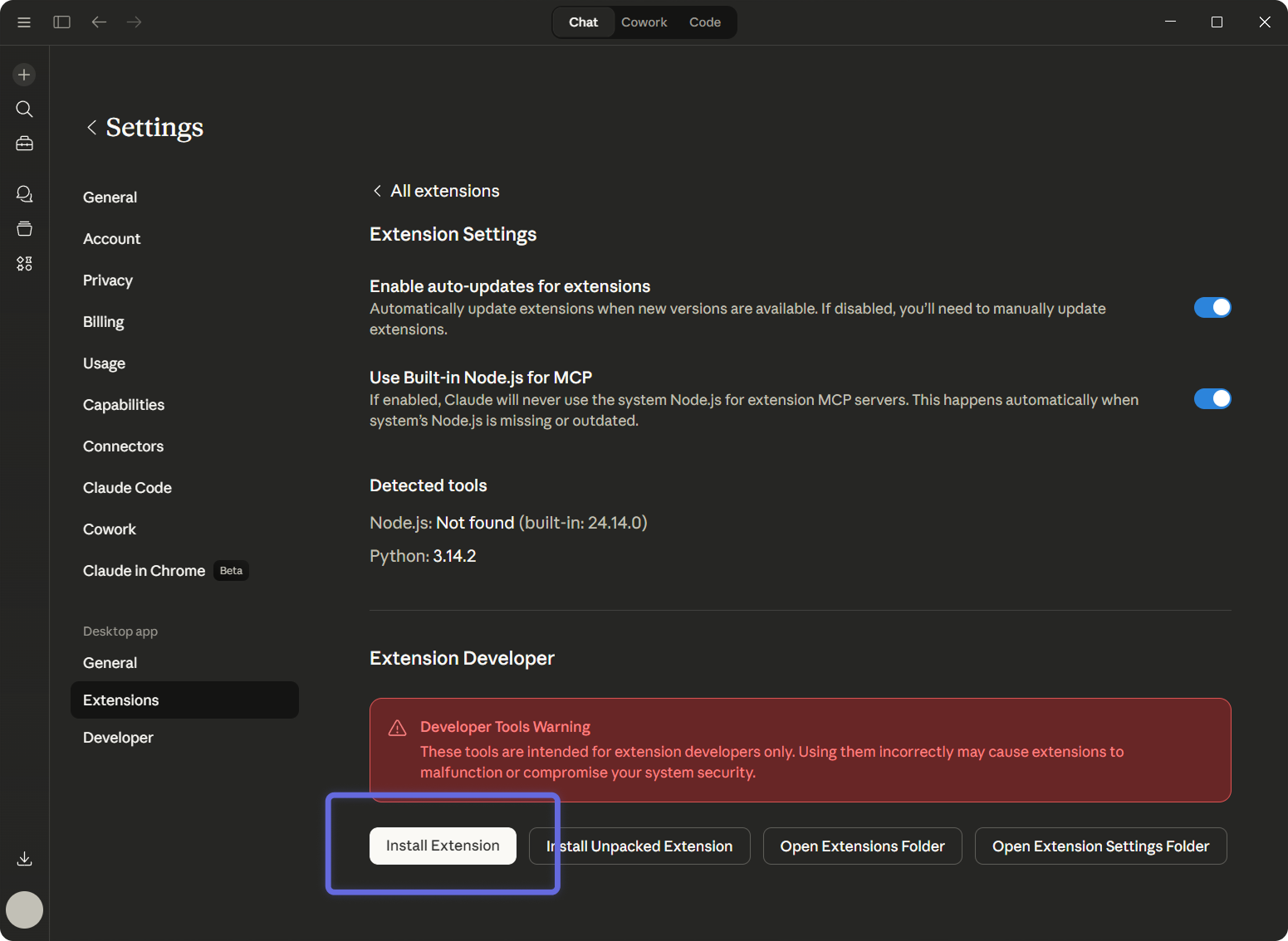 Claude Desktop installed AppControl extension screen