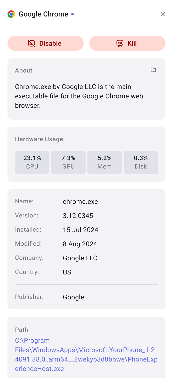 AppControl window showing app insights and resource usage behavior details on Windows PC
