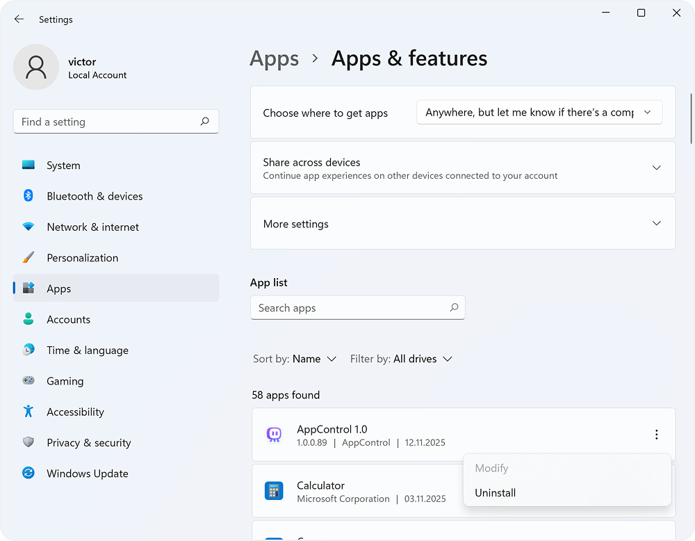 Screenshot of Windows settings visualizing how to uninstall the application
